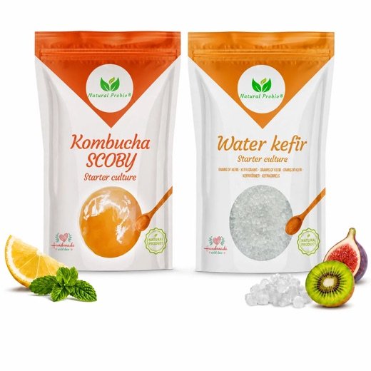 Duo van Natural Probio: kombucha-scoby en waterkefirkorrels